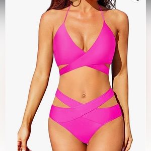Neón pink two piece swimsuit suit , high waisted bottoms, halter top